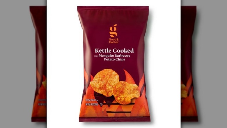 Mesquite barbecue chips in a maroon bag on white background
