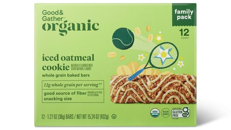 Iced oatmeal bars in a light green box on white background