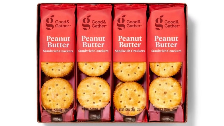 Peanut butter sandwich crackers in red package on white background