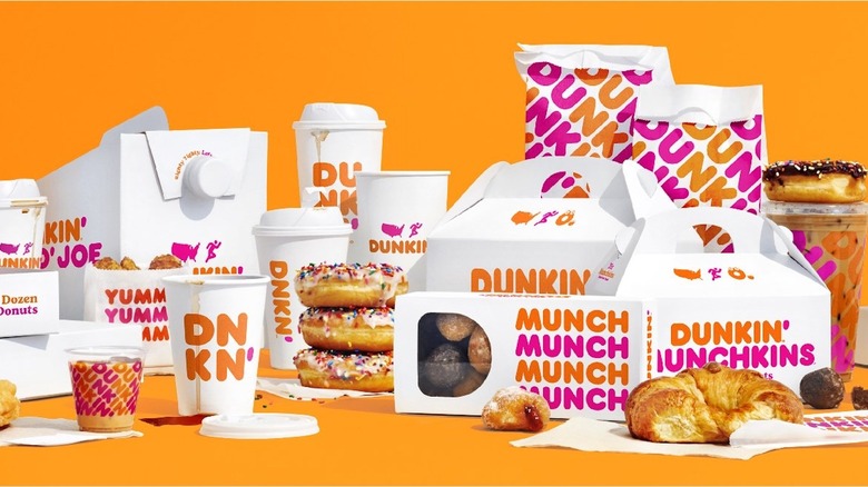 various Dunkin product packages and items