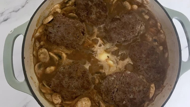 Pan of Salisbury steak with gravy
