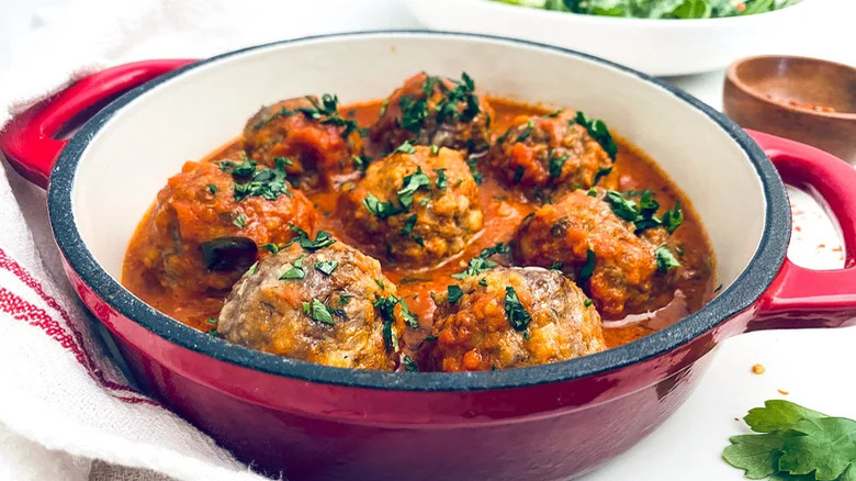 Pan of meatballs marinara