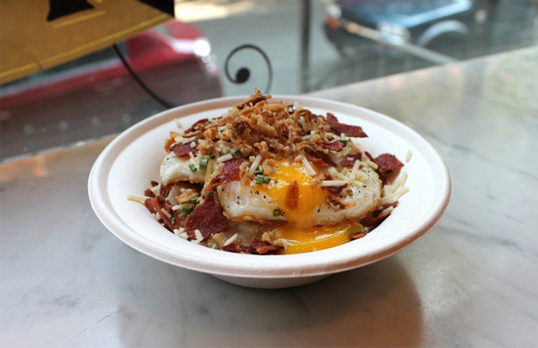 Savory Oatmeal With Soft-Cooked Egg, Turkey Bacon, and Parmigiano-Reggiano