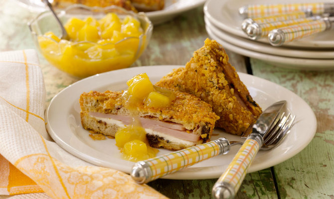 Stuffed Raisin Bread French Toast With Pineapple Sauce