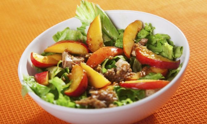 Grilled Chicken Salad With Spiced Pecans, Gorgonzola, and Peaches