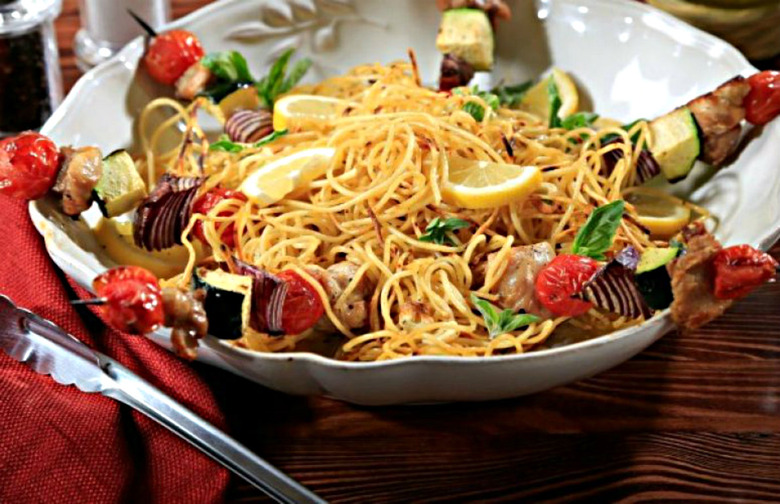 Grilled Spaghetti with a Grilled Chicken and Vegetable Skewer and a Simple Garlic and Herb Sauce