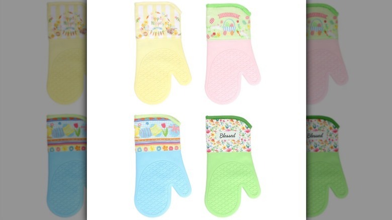 Easter oven mitts in pale yellow, pale pink, baby blue, and light green on white background