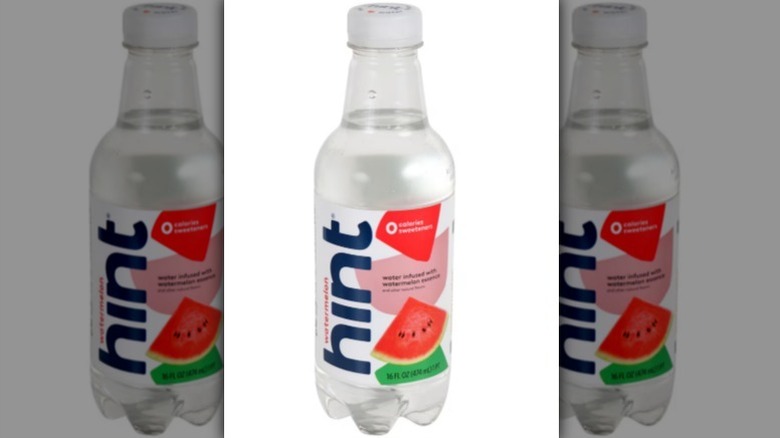 Hint watermelon water bottle with white label with navy text and an image of a watermelon on white background