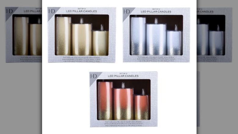 Candle packs options in cream, gray, and red on white background