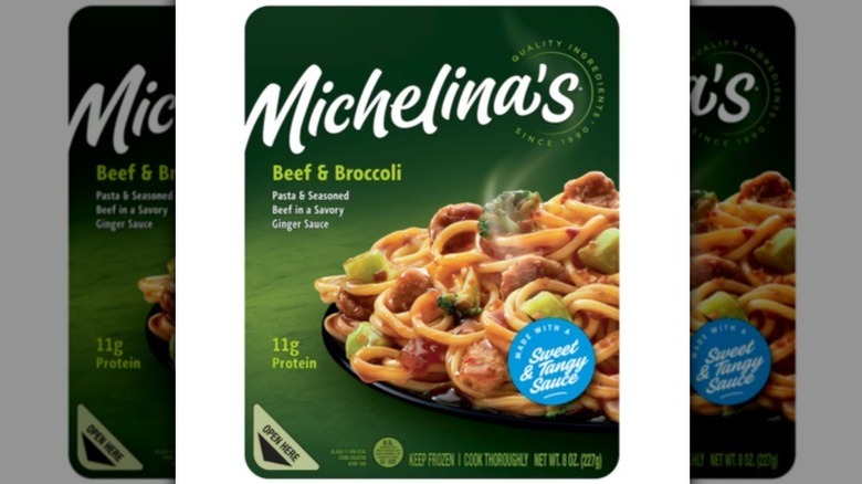 Michelina's beef and broccoli with a green label with an image of pasta on white background