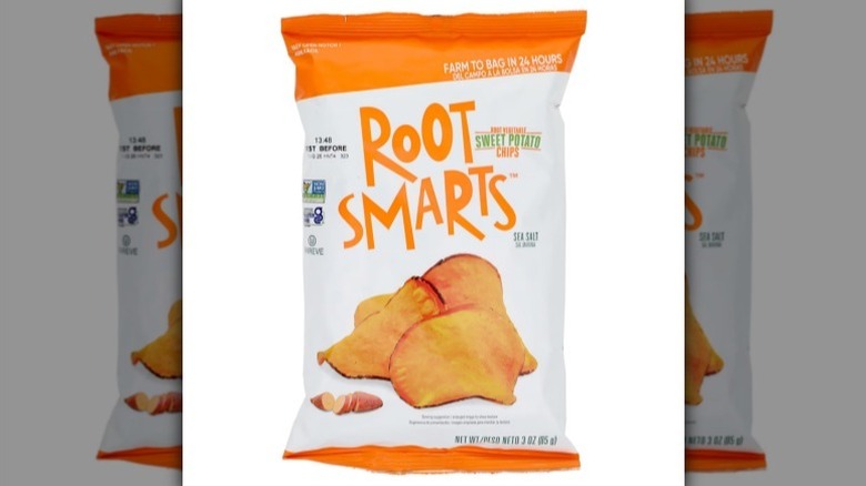 Root Smarts sweet potato chips with an orange and white label on white background