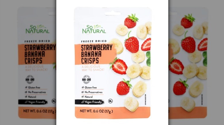 Strawberry banana crisps with images of bananas and strawberries on the label on white background