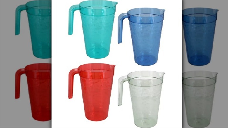 Pitcher options in teal, blue, red, and gray on white background