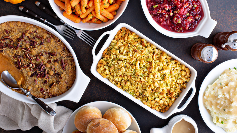 Thanksgiving side dishes on table