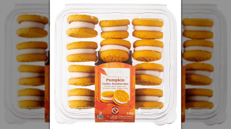 A package of Bake Shop Pumpkin Sandwich Cookies on a white background