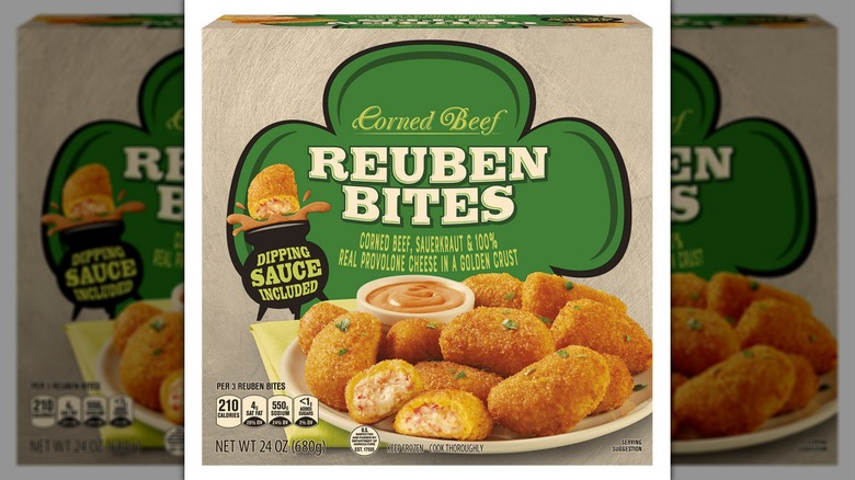 A box of Corned Beef Reuben Bites on a white background
