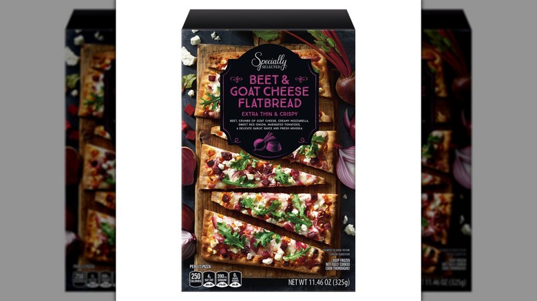 A box of Mama Cozzi's Pizza Kitchen Beet Root Goat Cheese flatbread on a white background