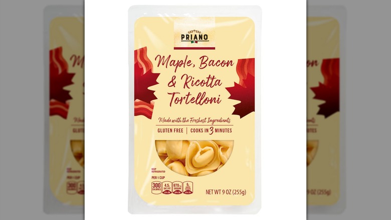 A package of Priano Maple, Bacon, & Ricotta Tortelloni on a white background