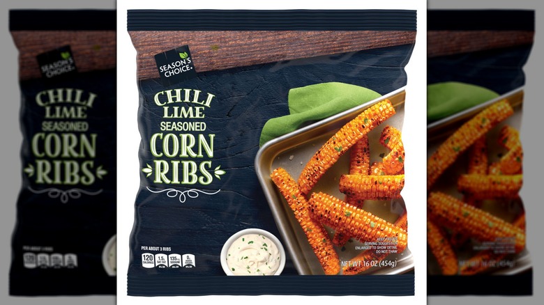 A bag of Season's Choice Chili Lime Corn Ribs on a white background