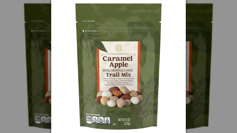 A bag of Southern Grove Caramel Apple Trail Mix on a white background