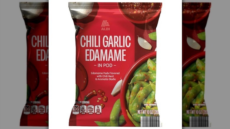 Chili garlic edamame on white backgound