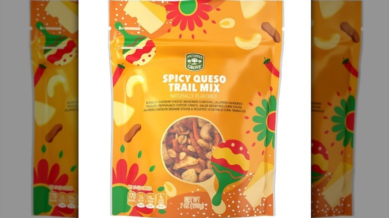 Spicy queso trail mix on white background