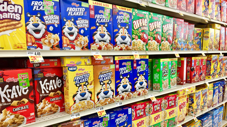 cereal boxes on shelves