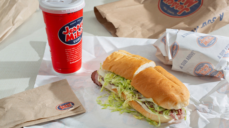 Roast beef sub sandwich and fountain drink from Jersey Mike's.