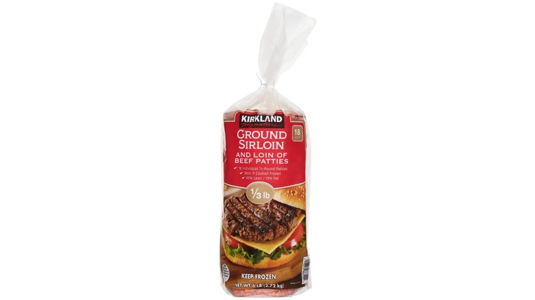A red-labeled bag of Kirkland Signature Ground Sirloin and Loin of Beef Patties
