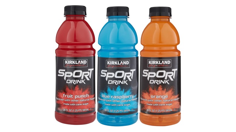 Kirkland Signature Sport Drinks in fruit punch, blue raspberry, and orange flavors
