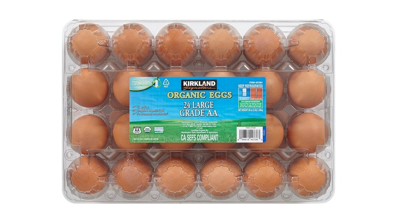 A clear 24-pack of Kirkland Signature Organic Large Eggs