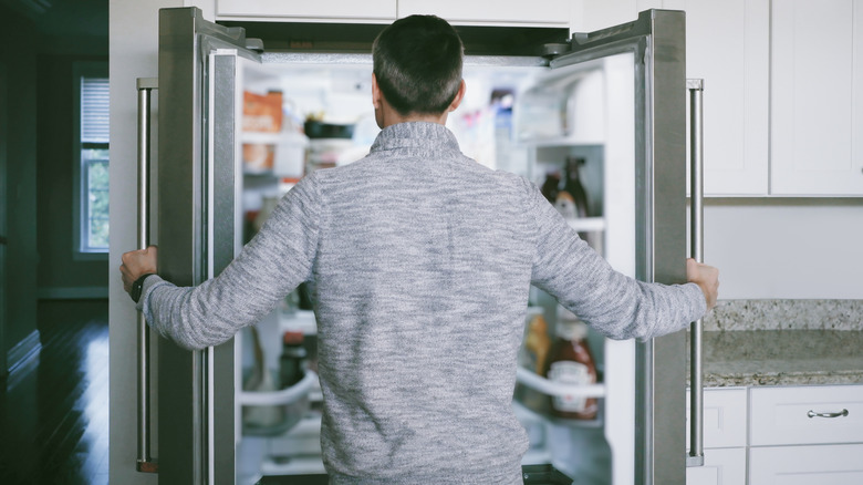 Person holding the refrigerator doors open to search for something