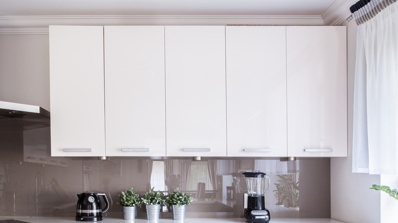 Kitchen counter with cabinets above