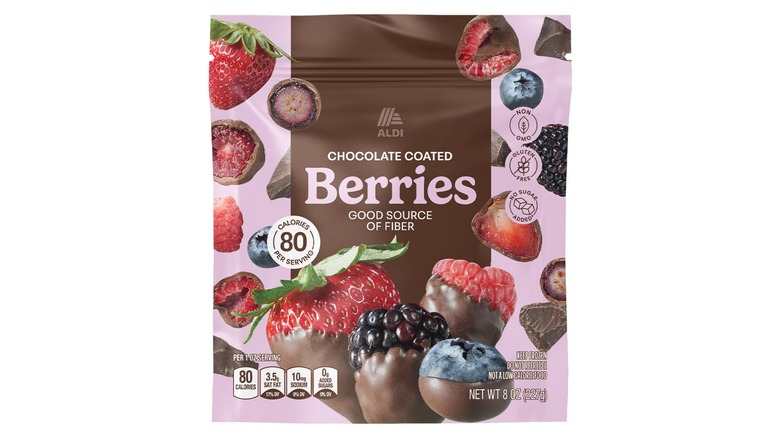 A purple and brown bag of ALDI Chocolate Coated Berries