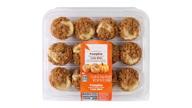 A clear plastic container of Bake Shop Pumpkin-flavored Coffee Cake Bites