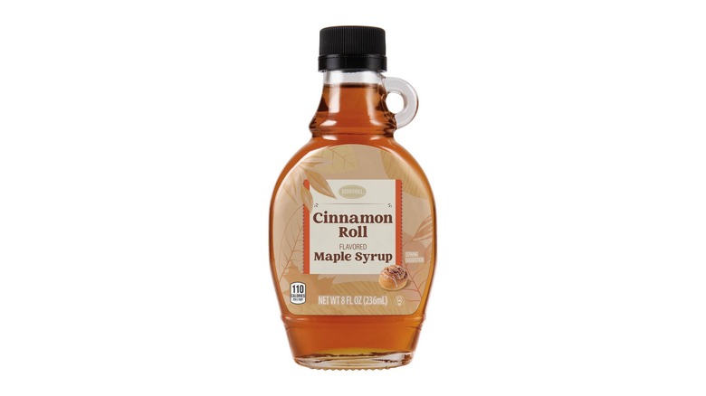 A bottle of cinnamon roll-flavored maple syrup from Berry Hill
