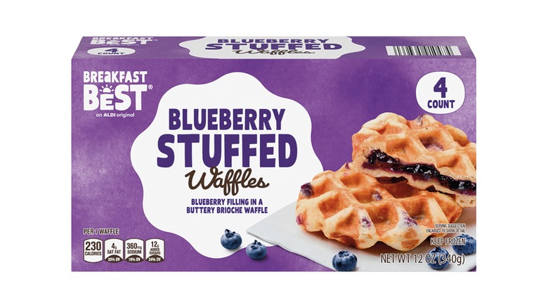 A purple and white box of Breakfast Best Blueberry Stuffed Waffles