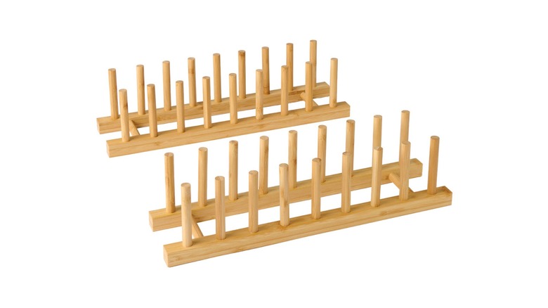 Two bamboo dish/lid organizers with prongs upright
