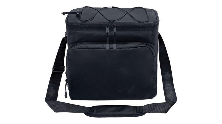 A black nylon insulated lunch box with carrying strap