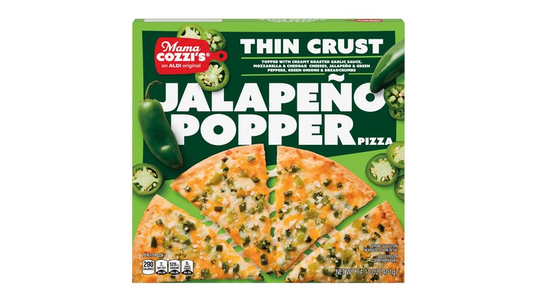 A green box of Mama Cozzi's thin crust Jalapeño Popper pizza