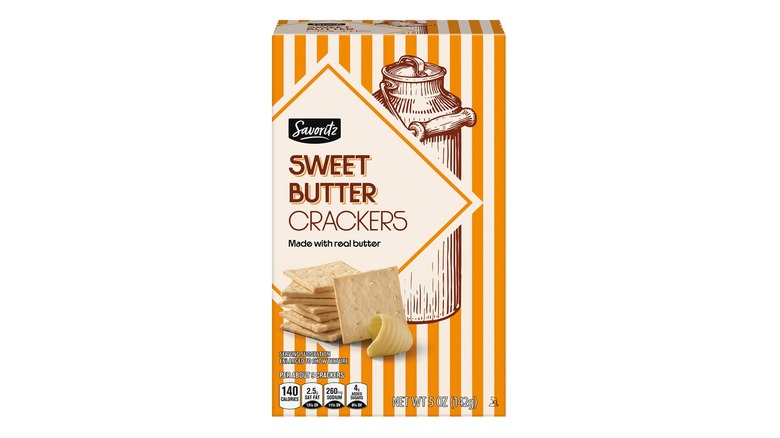 A cream and orange-striped box of Savoritz Sweet Butter Crackers