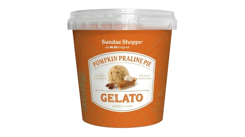 A container of Sundae Shoppe Pumpkin Praline Pie Gelato