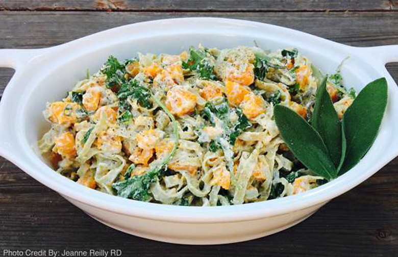 Butternut Squash, Kale, and Fettuccini With Creamy Ricotta Sage Sauce