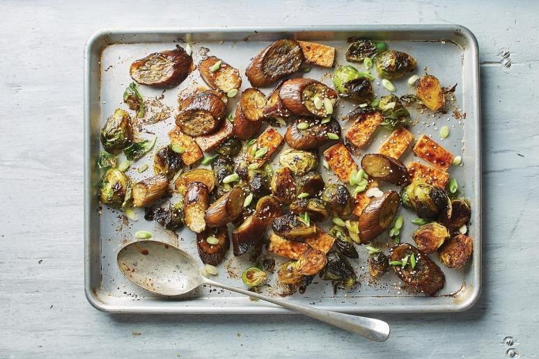 Hoisin Eggplant, Spicy Brussels Sprouts, and Tofu