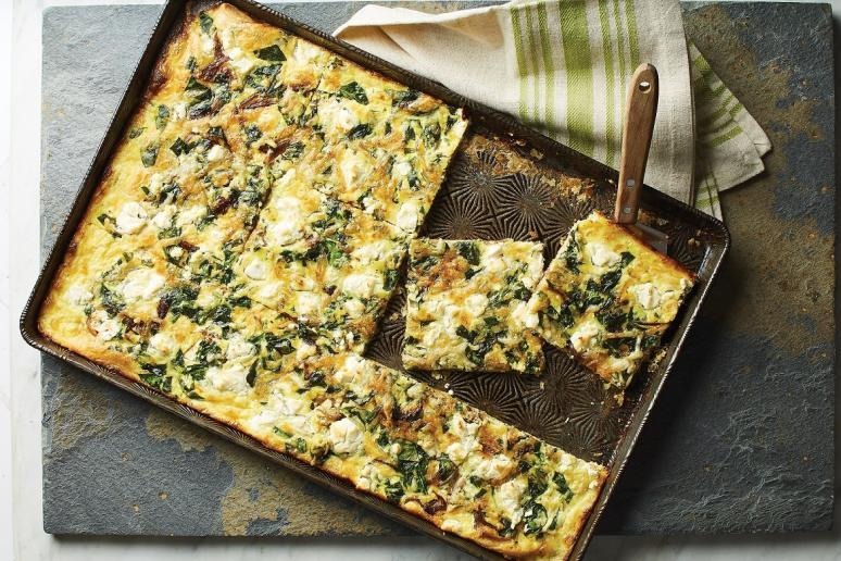 Slab Quiche With Spinach, Goat Cheese, and Caramelized Onions