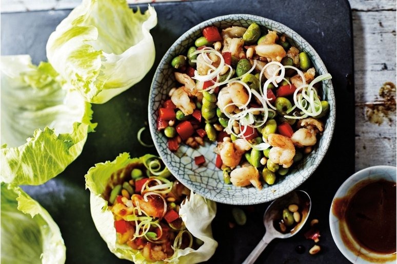 Stir-Fried Shrimp, Edamame, and Pine Nut Lettuce Wraps