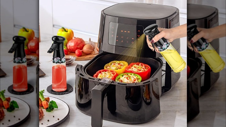 spraying oil over peppers