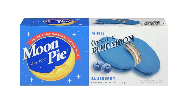 A box of Blueberry Moon Pie Minis, with the tagline "Once In A Blue Moon"