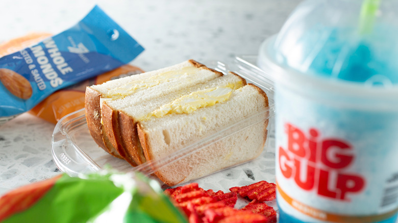 7-Eleven food items including egg sandwich and Slurpee