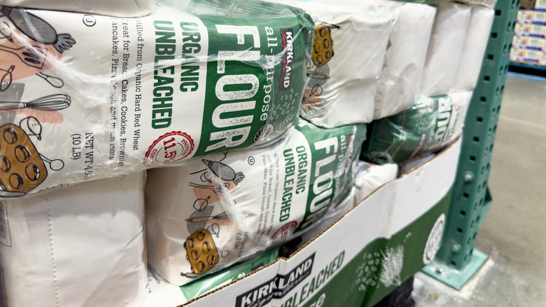 Costco flour bags stacked in store